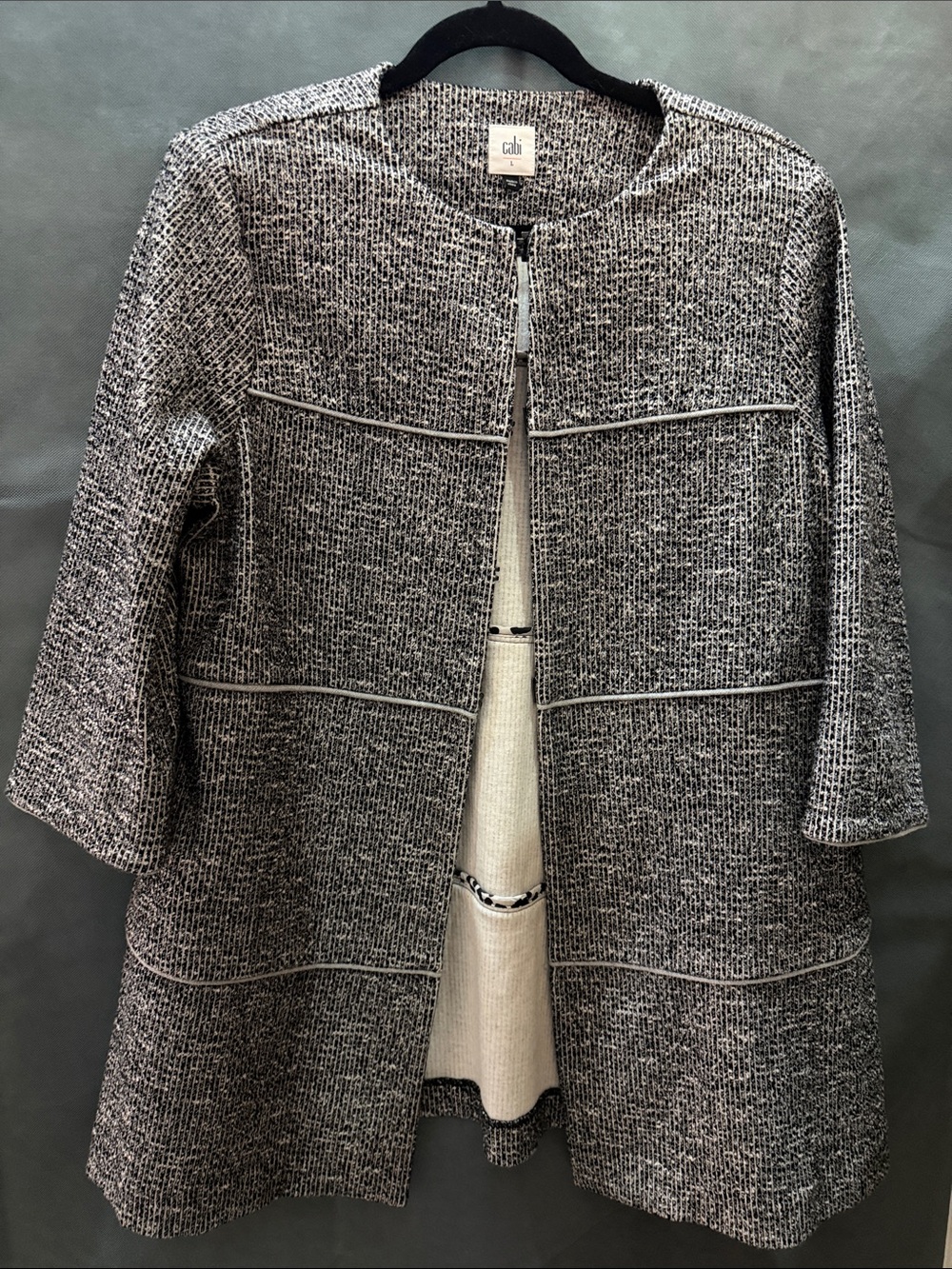 Cabi black & white Textured Open-Front Jacket with clasps/pockets